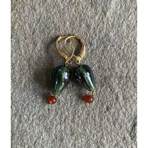 Dangle Earrings Metallic Glass Blue Gold Tone Beads Orange 2 Inches